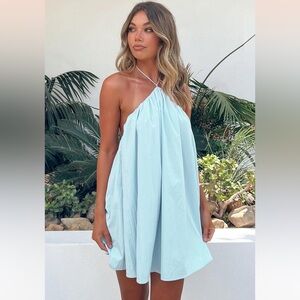 Talei Blue Halter Puff Mini Dress